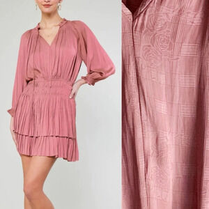 Current Air Cecile Smocked Mini Dress Embossed Floral Mauve Pink Sz Medium